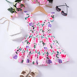 2024 Summer New Kids Dresses for Girls Floral Fly Sleeve Sleeveless Princess Dress Cute Sweet Lovely Fashion Versatile