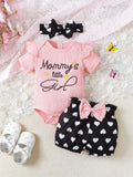 2pcs/Set Baby Girls' Cute Spring & Autumn Casual Round Neck Jumpsuit With Slogan Embroidery, Heart Print Shorts And Headband