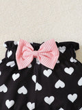 2pcs/Set Baby Girls' Cute Spring & Autumn Casual Round Neck Jumpsuit With Slogan Embroidery, Heart Print Shorts And Headband