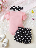 2pcs/Set Baby Girls' Cute Spring & Autumn Casual Round Neck Jumpsuit With Slogan Embroidery, Heart Print Shorts And Headband