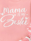 Baby Girl Slogan Graphic Bodysuit & Cow Print Ruffle Trim Bow Front Overall Dress & Headband
