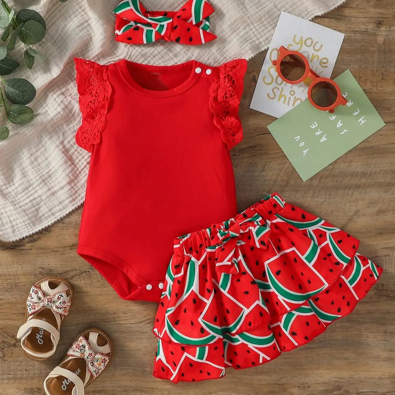 Baby Gilrs Summer Sleeveless Printing Watermelon Fashion Shirt Set For Vacation Or Streetwear