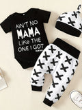 Summer Baby Boys Clothing Set Short Sleeve Letter Print Jumpsuit + Pant + Hat 3pcs Outfit Clothing Set