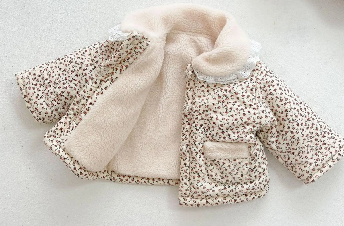 Fashion Baby Girl Winter Clothes Jacket Thick Lamb Lace Collar Infant Toddler Child Warm Floral Coat Baby Outwear Cotton 0-3y