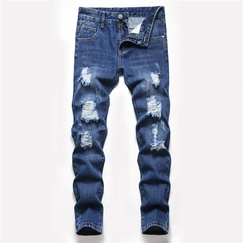 Boys' Straight-leg Ripped Jeans Children Washed Distressed Stretch Denim Trousers Big Kids Casual Pants 5-16y