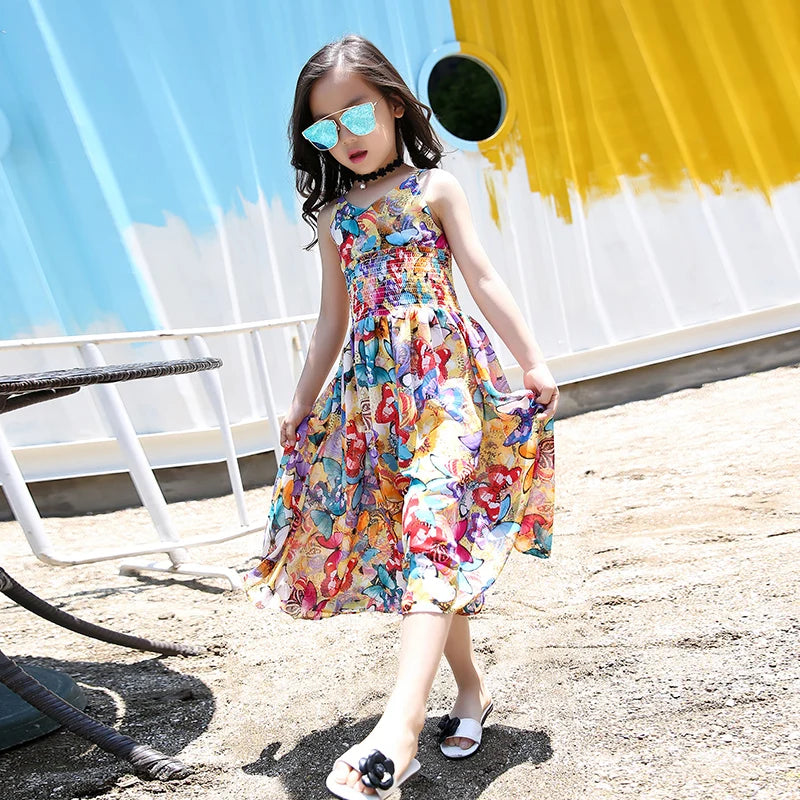 Girls Flower Bohemian Summer Dress ChildKids Girl Beach Dresses Chiffon Dresses Floral Teenager Girl's Clothes 6 8 10 12 14 Year