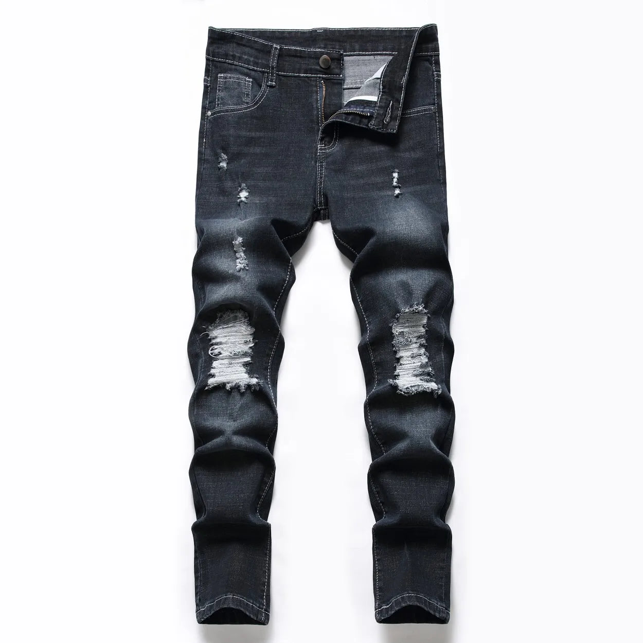 Boys' Straight-leg Ripped Jeans Children Washed Distressed Stretch Denim Trousers Big Kids Casual Pants 5-16y