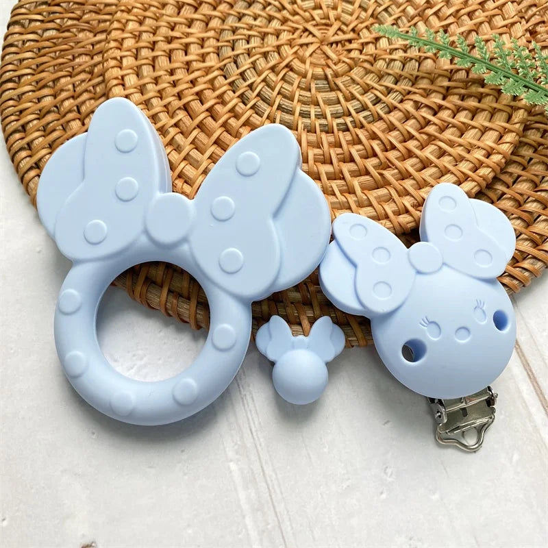 3Pcs/Silicone Teether Cartoon Mouse Head Shape Food Grade Beads Teether Pacifier Clip Baby Safe Sensory Care DIY Necklace Toy