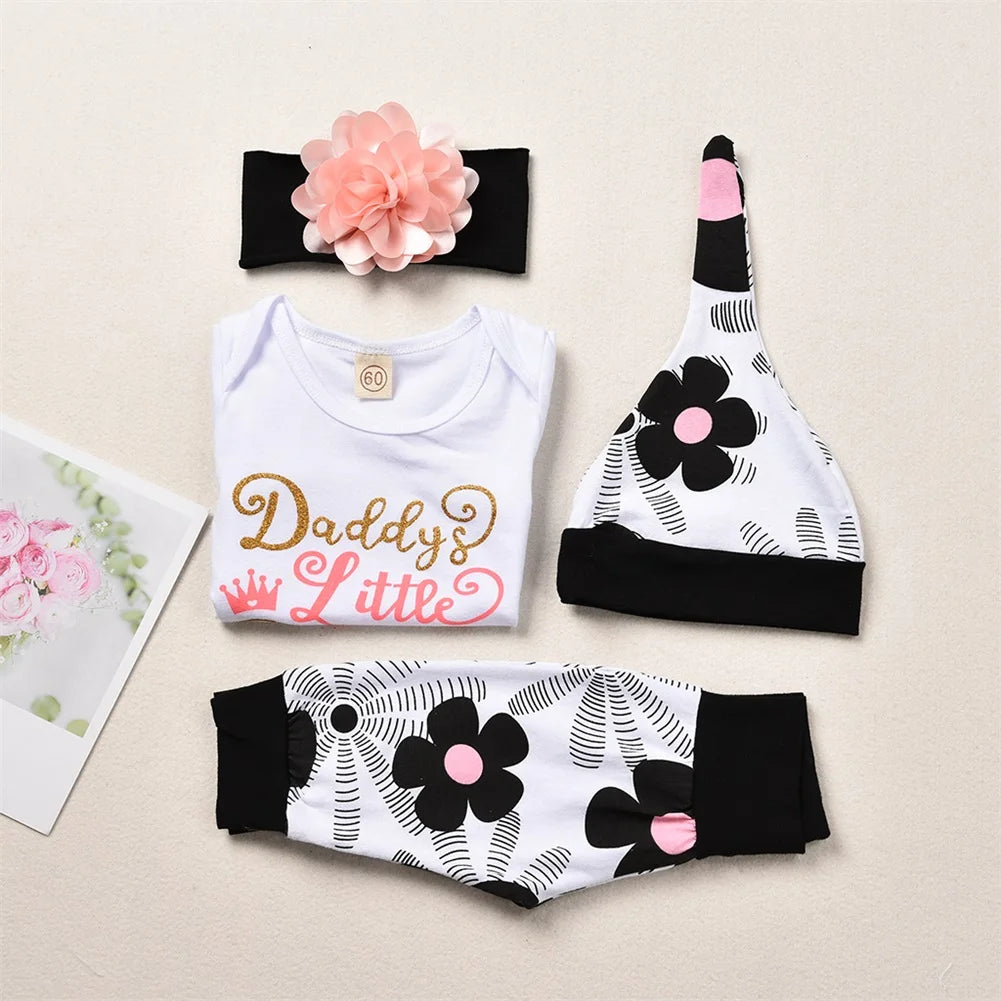 4Pcs Newborn Baby Girls Summer Clothes Sets Short Sleeve Romper Tops + Floral Pants + Hat +Headband Baby Outfits 0-24M