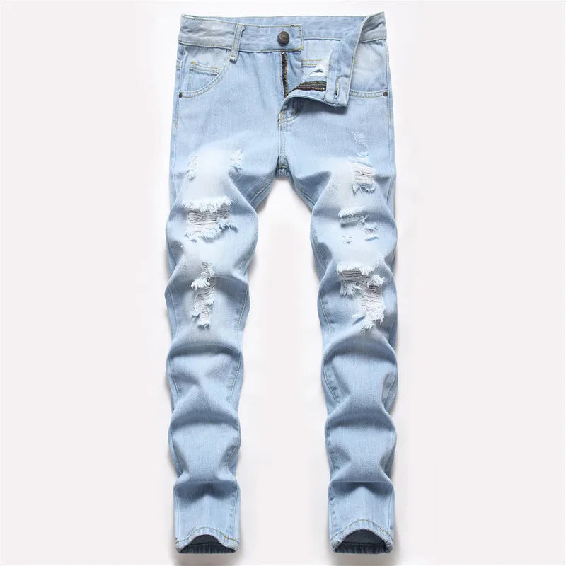 Boys' Straight-leg Ripped Jeans Children Washed Distressed Stretch Denim Trousers Big Kids Casual Pants 5-16y