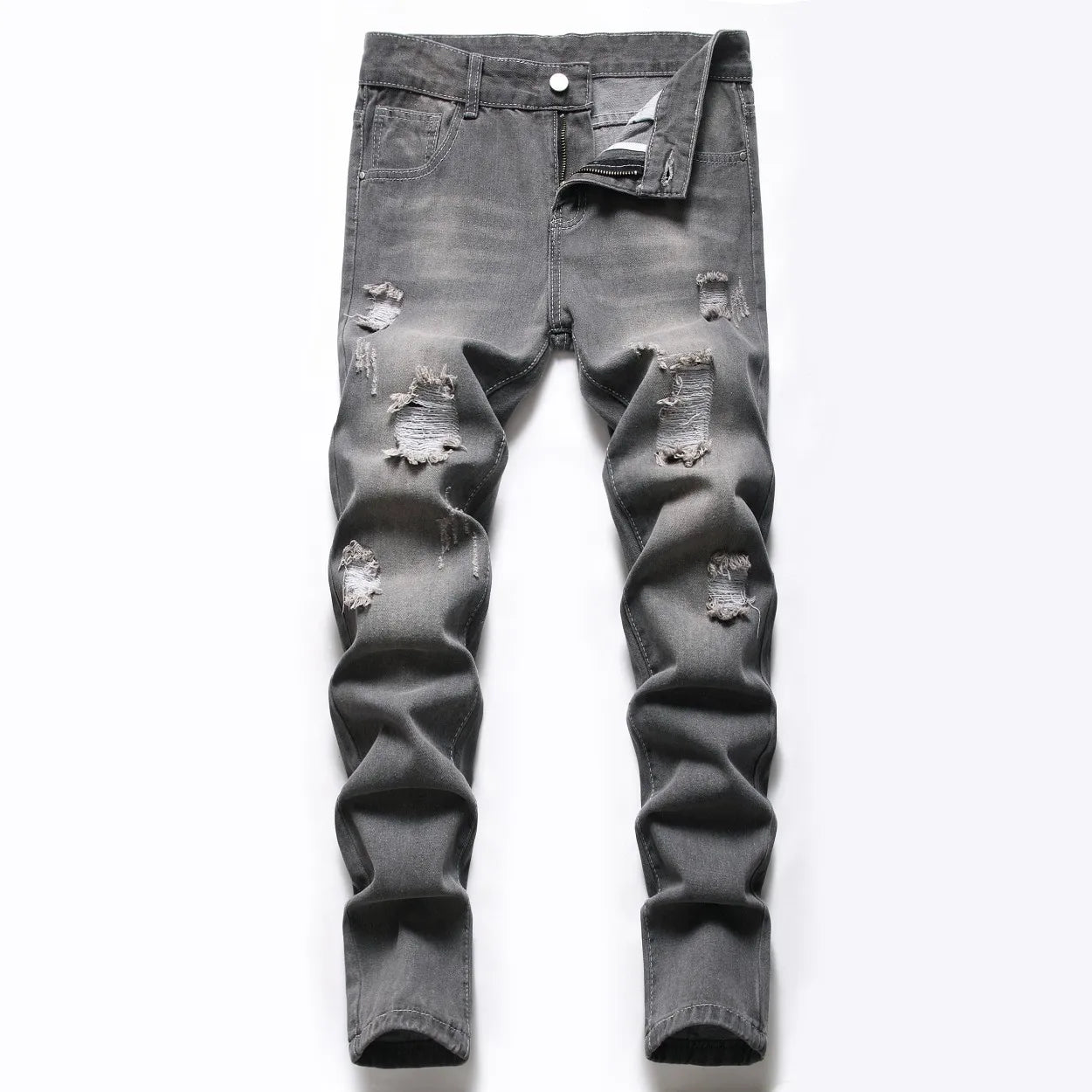 Boys' Straight-leg Ripped Jeans Children Washed Distressed Stretch Denim Trousers Big Kids Casual Pants 5-16y