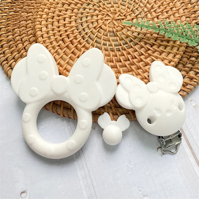 3Pcs/Silicone Teether Cartoon Mouse Head Shape Food Grade Beads Teether Pacifier Clip Baby Safe Sensory Care DIY Necklace Toy