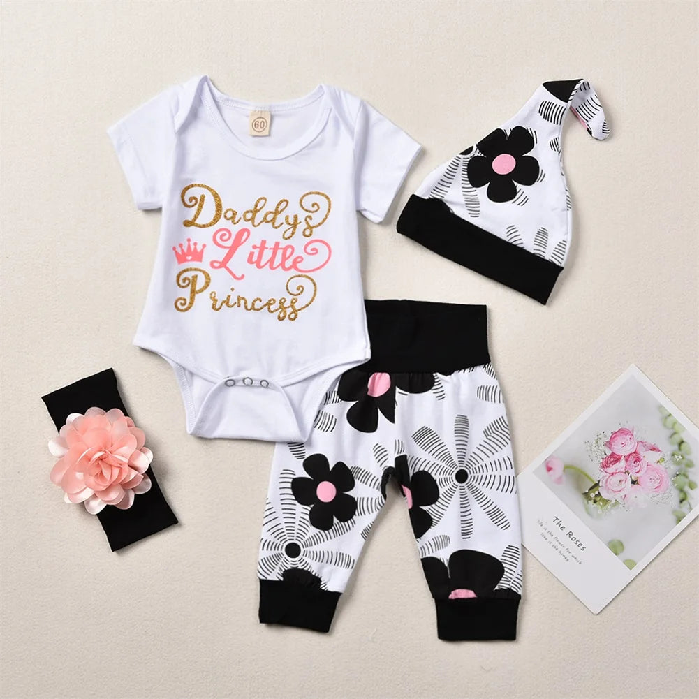 4Pcs Newborn Baby Girls Summer Clothes Sets Short Sleeve Romper Tops + Floral Pants + Hat +Headband Baby Outfits 0-24M