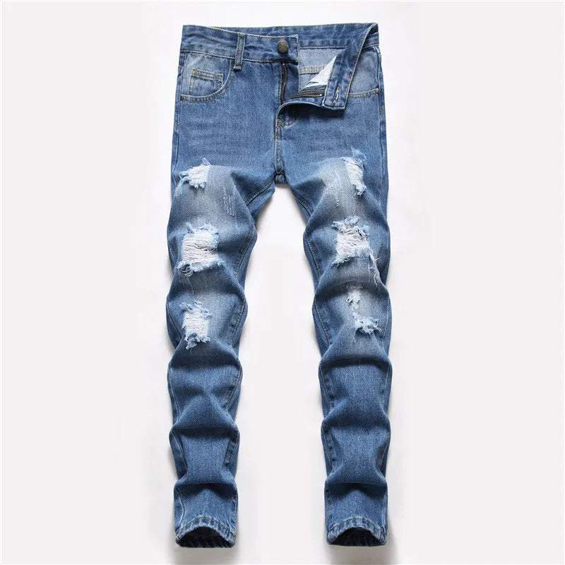 Boys' Straight-leg Ripped Jeans Children Washed Distressed Stretch Denim Trousers Big Kids Casual Pants 5-16y