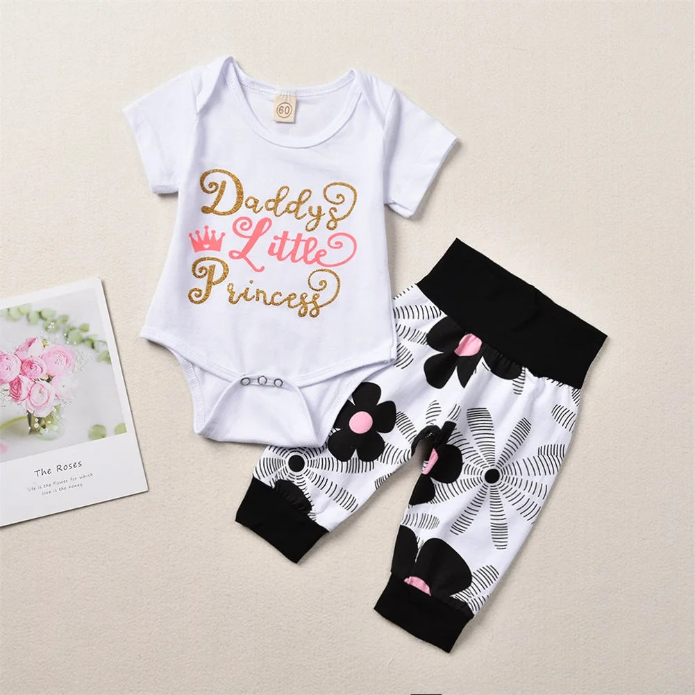 4Pcs Newborn Baby Girls Summer Clothes Sets Short Sleeve Romper Tops + Floral Pants + Hat +Headband Baby Outfits 0-24M