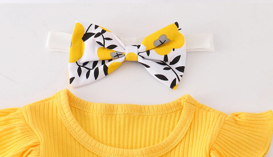 3Pcs Autumn Baby Girl Clothes Sets Infant Newborn Long Sleeve Tops Floral Print Pants Headband Solid Clothing Outfit 0 3-24M