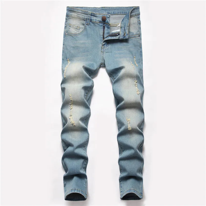 Boys' Straight-leg Ripped Jeans Children Washed Distressed Stretch Denim Trousers Big Kids Casual Pants 5-16y