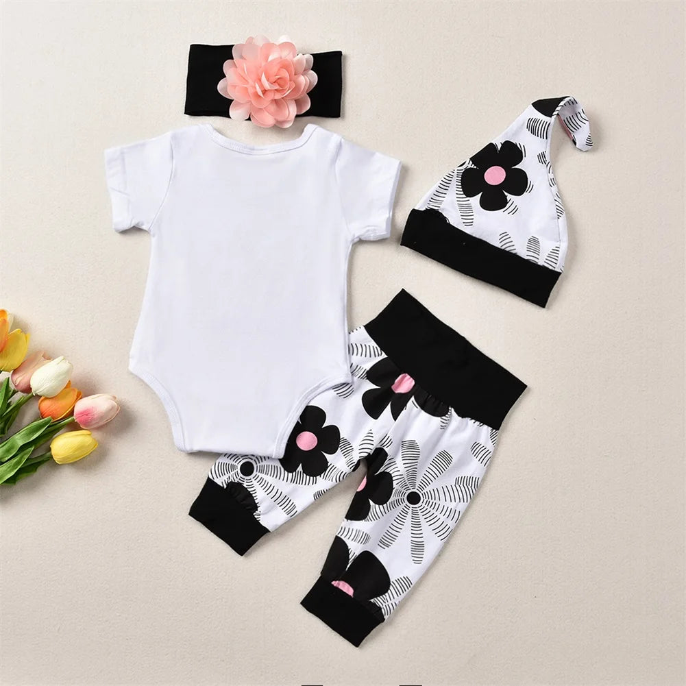 4Pcs Newborn Baby Girls Summer Clothes Sets Short Sleeve Romper Tops + Floral Pants + Hat +Headband Baby Outfits 0-24M