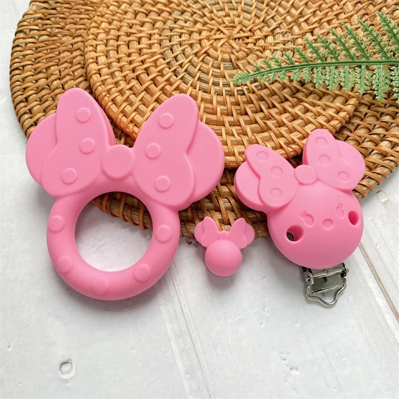 3Pcs/Silicone Teether Cartoon Mouse Head Shape Food Grade Beads Teether Pacifier Clip Baby Safe Sensory Care DIY Necklace Toy