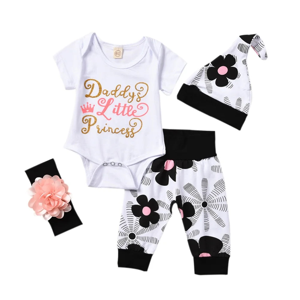 4Pcs Newborn Baby Girls Summer Clothes Sets Short Sleeve Romper Tops + Floral Pants + Hat +Headband Baby Outfits 0-24M