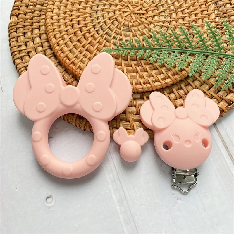 3Pcs/Silicone Teether Cartoon Mouse Head Shape Food Grade Beads Teether Pacifier Clip Baby Safe Sensory Care DIY Necklace Toy