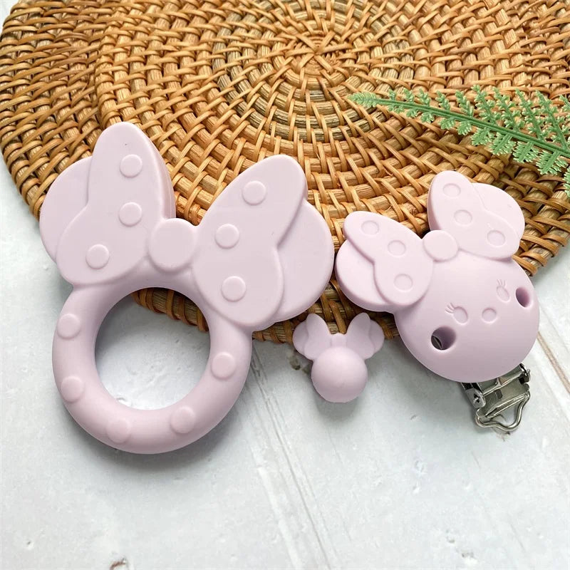 3Pcs/Silicone Teether Cartoon Mouse Head Shape Food Grade Beads Teether Pacifier Clip Baby Safe Sensory Care DIY Necklace Toy