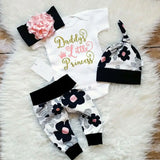 4Pcs Newborn Baby Girls Summer Clothes Sets Short Sleeve Romper Tops + Floral Pants + Hat +Headband Baby Outfits 0-24M