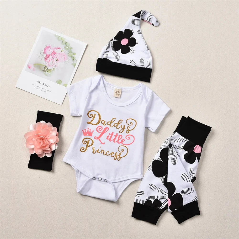 4Pcs Newborn Baby Girls Summer Clothes Sets Short Sleeve Romper Tops + Floral Pants + Hat +Headband Baby Outfits 0-24M