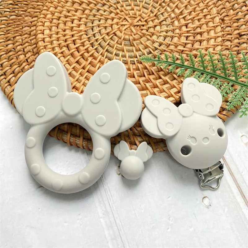 3Pcs/Silicone Teether Cartoon Mouse Head Shape Food Grade Beads Teether Pacifier Clip Baby Safe Sensory Care DIY Necklace Toy