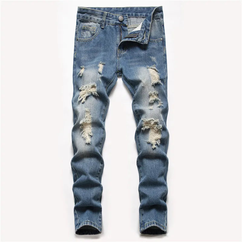 Boys' Straight-leg Ripped Jeans Children Washed Distressed Stretch Denim Trousers Big Kids Casual Pants 5-16y