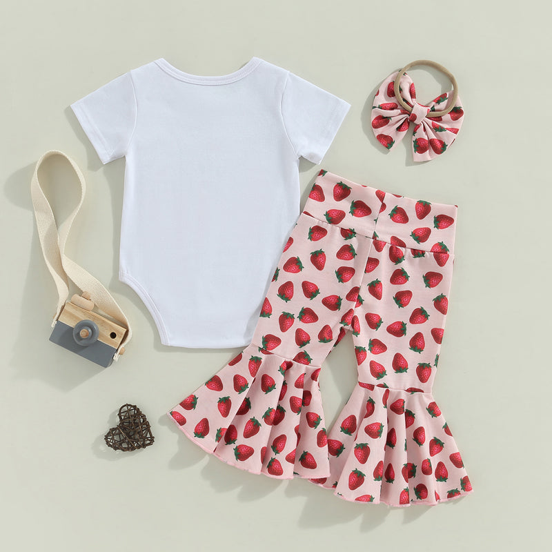 3Pcs Baby Girls Clothes Summer Suit Letter Print Short Sleeve Crew Neck Rompers Strawberry Print Flare Pants Headband Set