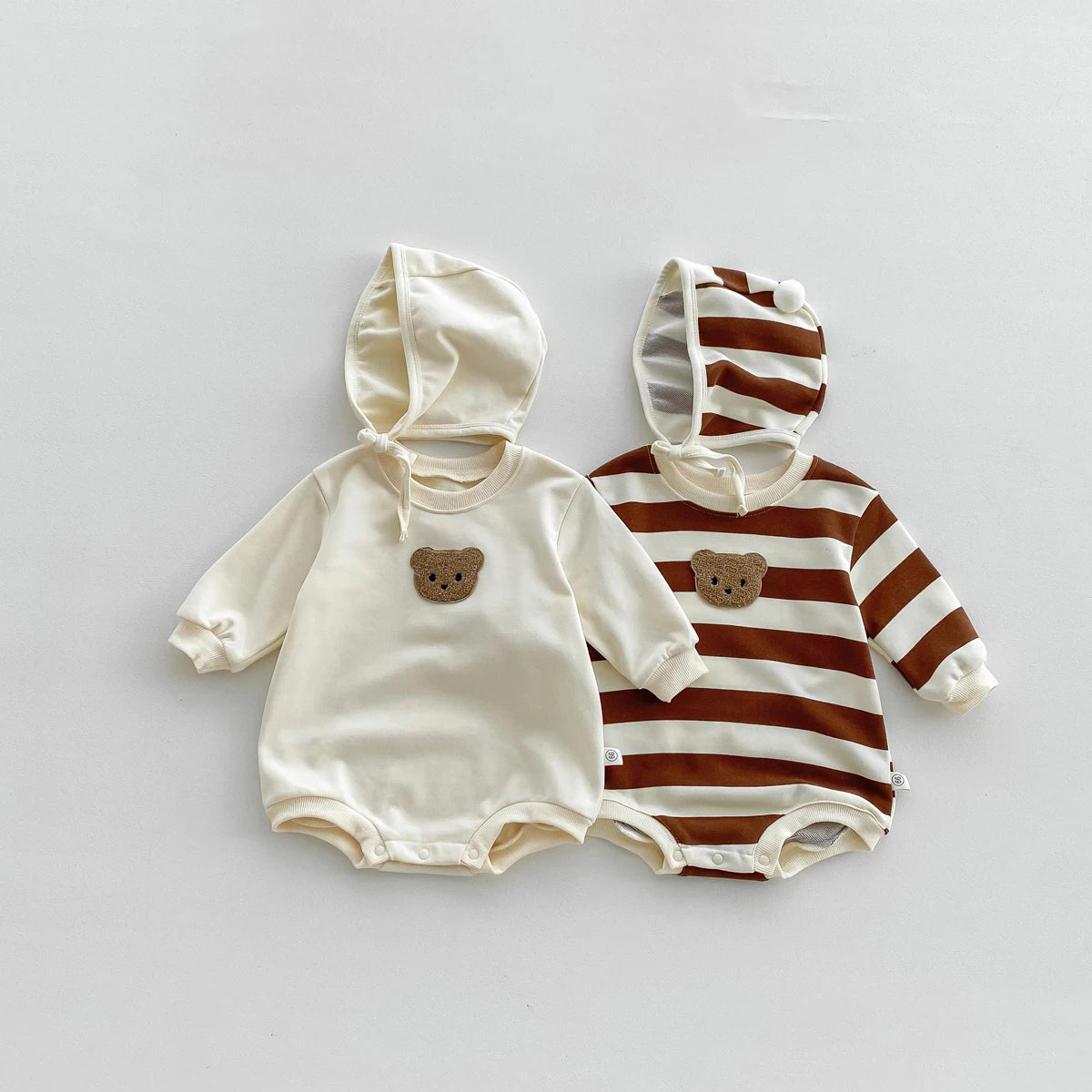 FLM Baby Romper Long Sleeved Bear Pattern + Hat Stripe Toddler Boy  Jumpsuit Baby Clothes 0-24M