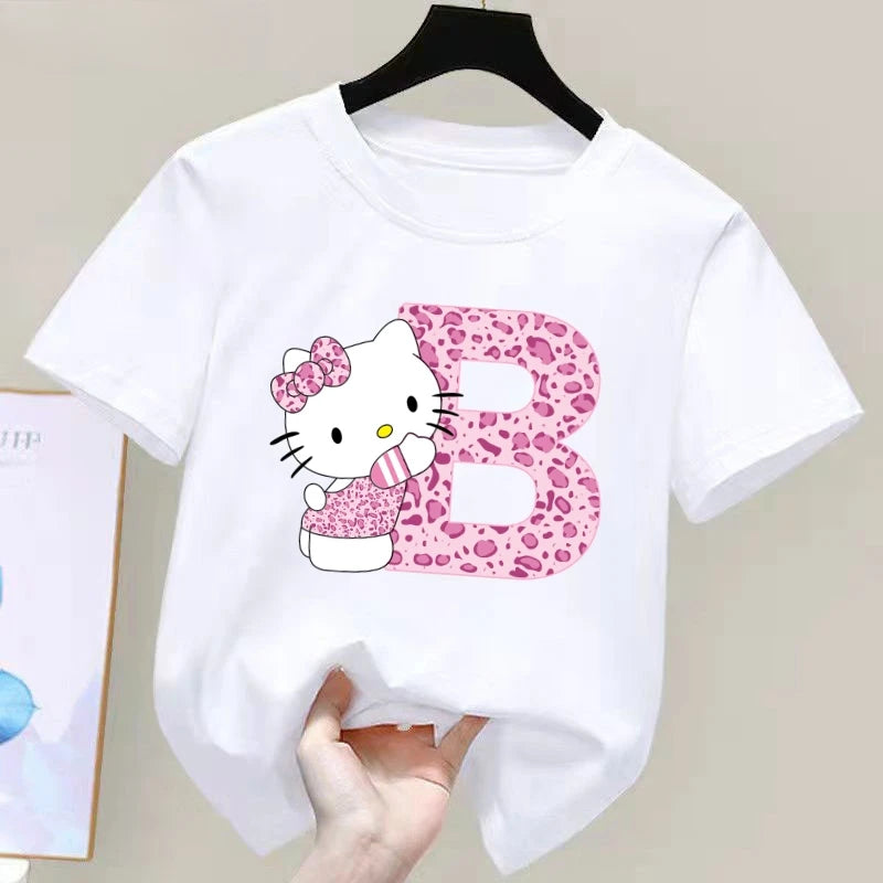 Hello Kitty Letter A-Z Children's Cotton Short-sleeved Top Sanrio Summer T-shirt Girly Heart Soft Clothes Kawaii Birthday Gift