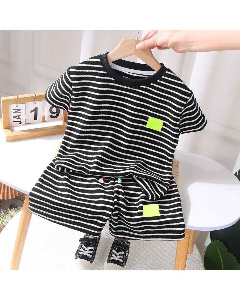 2Pcs Fashion Children Short Sleeve Shorts Sets Summer Kids Clothes Boys Baby Cotton Tee Pant Outfits Black and White Stripe