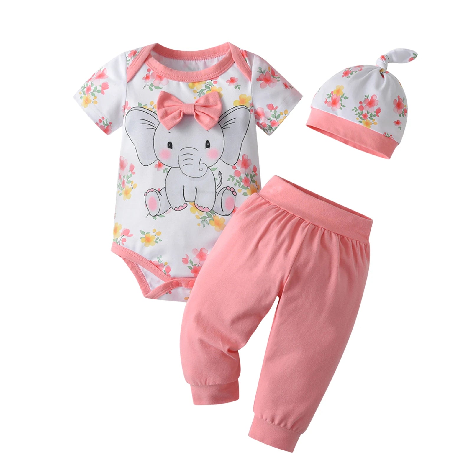 Summer Newborn Baby Girl Cute Clothes Set Elephant Printed Short Sleeve Romper Top with Bow and Long Pants with Hat 3PCS Outfit