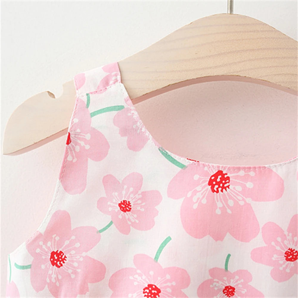 New Summer Girl Dress Sweet Sleeveless Small Flower Print Big Bow Cotton Cloth Dress Set of 2 Suitable for 0-3 Years Old