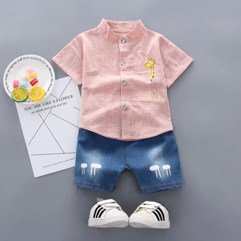 Baby Boy Clothes Summer Short-sleeved Cotton Boy Suit Cartoon Giraffe T-shirt Shorts 2pcs/sets Kids Casual Outfits Clothing 0-4Y