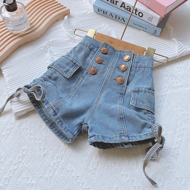 2024 Summer Girls Fashion Jeans Shorts with Buttons Baby Kids Children Casual Denim Hot Shorts