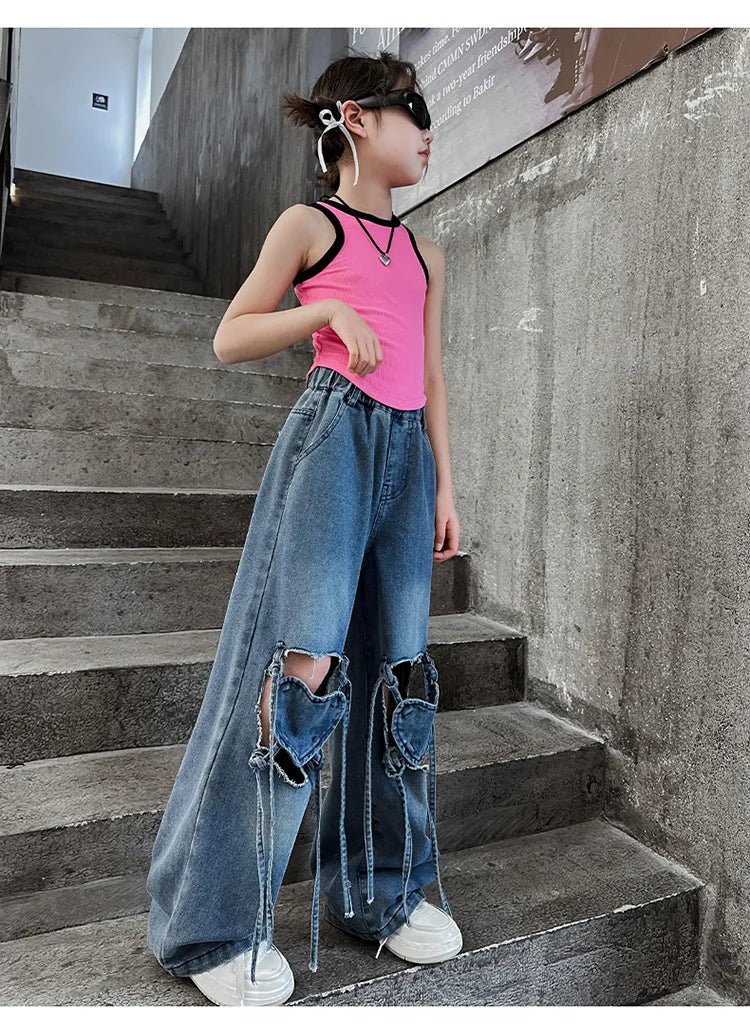 Girls Ripped Jeans Summer New Children's Loose Wide-leg Pants Kids Clothes Teenager Girl Fashion Heart Hollow Out Denim Trousers