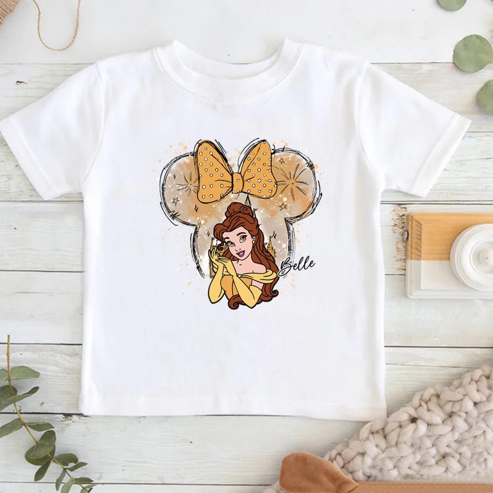 Cartoon Disney Princess Print T-shirts for Children Summer Cotton Short Sleeve Children Clothes Girl Tops