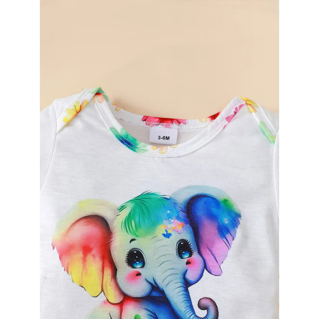 3PCS Newborn Baby Girl Clothing Set Short Sleeved Elephant Bodysuit+Flower Shorts Summer Casual Outfits for 0-24 Months Toddler