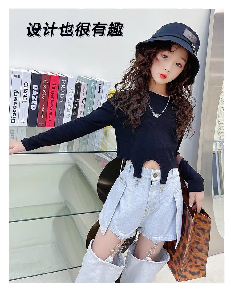 Fashionable Children's Jeans Teens Girls Pants Hip Hop Hooks Split Jeans Shorts Spring Summer Kids Trousers Trend Wide-Leg Jeans