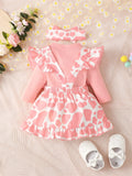 Baby Girl Slogan Graphic Bodysuit & Cow Print Ruffle Trim Bow Front Overall Dress & Headband