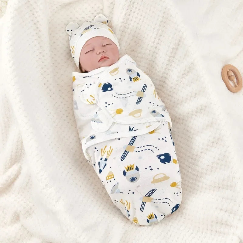 Baby Anti-shock Swaddle Cotton Printed Wrap Spring/Summer Baby Wrap Two-piece Baby Anti-kick Blanket Suitable for 0-3 Months