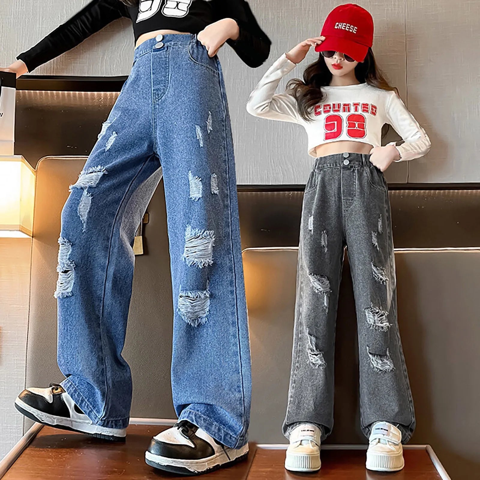 2024 Spring Autumn Girls Love Rough Edges Jean Korean Wide Leg Pants Teenagers Loose Elastic Waist Cowboy Pantalones De NiñA