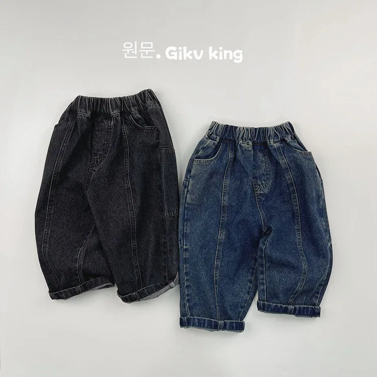 2025 Spring New Children Vintage Denim Trousers Toddler Boys Girls Loose Straight Leg Pants Kids Fashion Casual Versatile Jeans