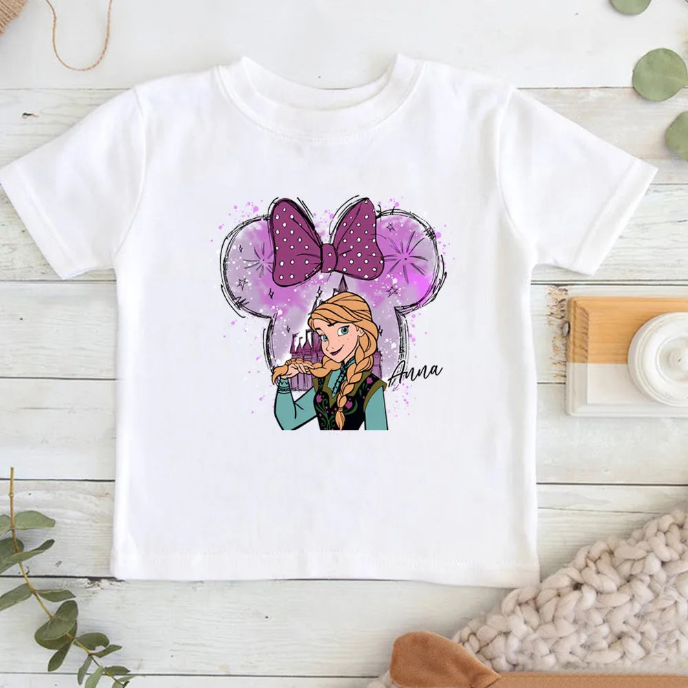 Cartoon Disney Princess Print T-shirts for Children Summer Cotton Short Sleeve Children Clothes Girl Tops