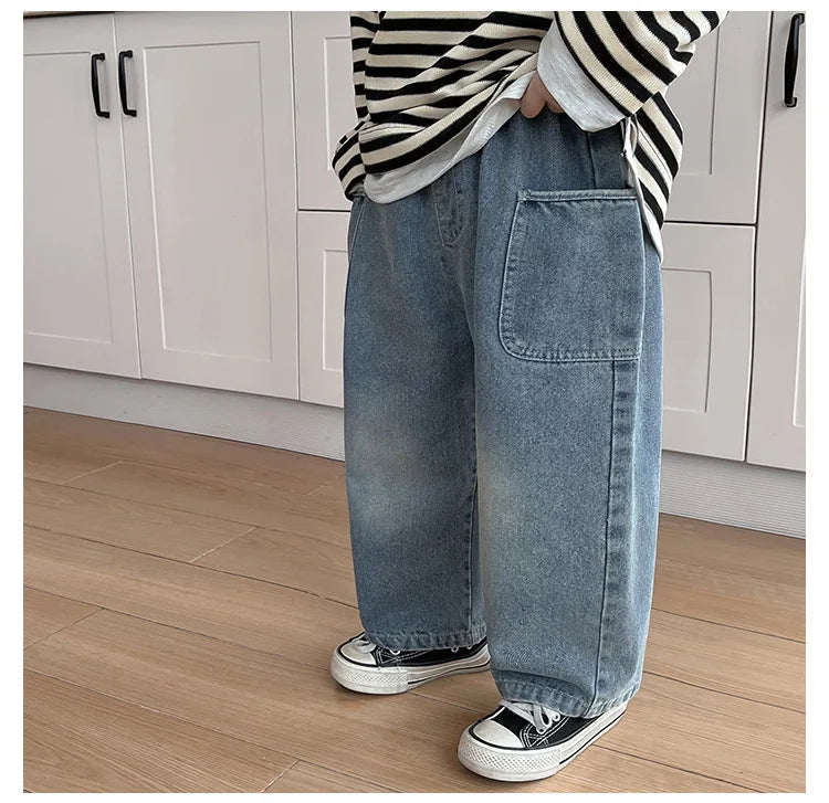 2025 Spring Autumn Kid Boys Denim Pants Side Pocket Polished White Children Boys Pants Elastic Waist Casual Baby Boys Trousers