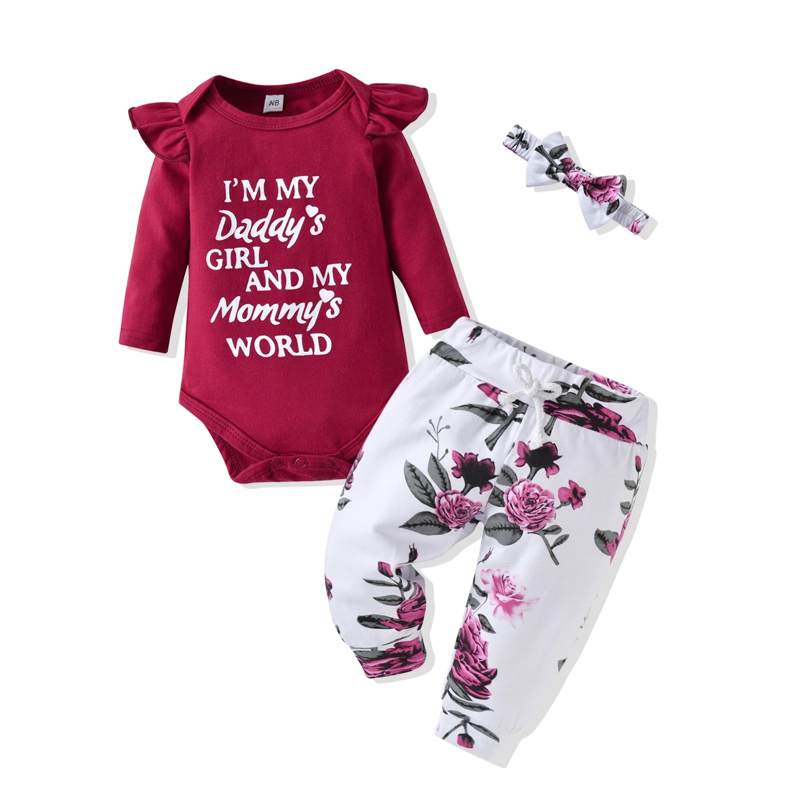 Newborn infant Baby Girls Fashion Clothes Set Letters Printed Cotton Long Sleeve Bodysuit Top + Hearts Pattern Pants + Headband