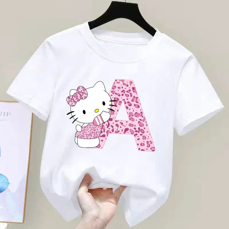 Hello Kitty Letter A-Z Children's Cotton Short-sleeved Top Sanrio Summer T-shirt Girly Heart Soft Clothes Kawaii Birthday Gift